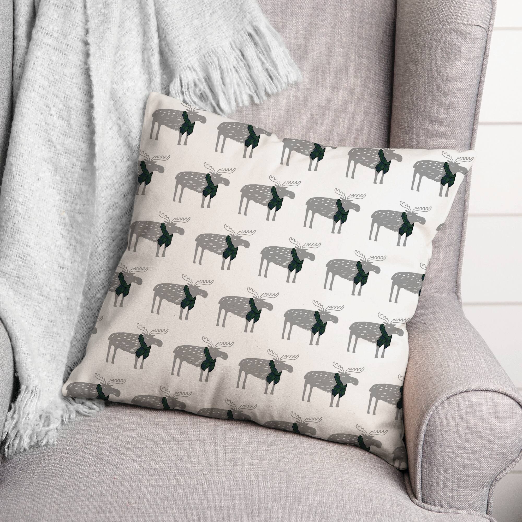 Plaid Scarf Moose Pattern 18x18 Throw Pillow